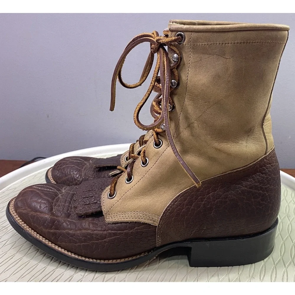 Justin Men's‎ Vintage Leather Kiltie Lacer Brown&Tan Lace-up Boots USA 7.5 D